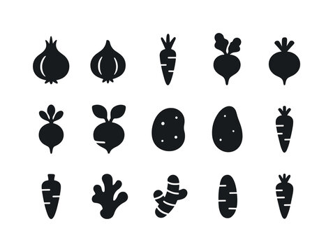 Root Vegetables Icons. Root vegetables. Solid icon set of root vegetables: onion, garlic, carrot, beet, radish, turnip, potato, yam, parsnip, ginger, turmeric
