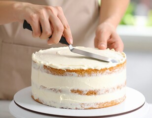 Close Up Of Hands Frosting A Layer Cake With Vanilla Buttercream On A White Cake Stand With Natural Light