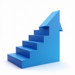 Blue 3D Bar Chart Steps with Upward Arrow Representing Business Growth