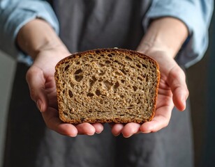 Close Up Of Hands Holding A Thick Slice Of Rustic Sourdough Bread With A Dark Crust And Textured Crumb In Natural Lighting