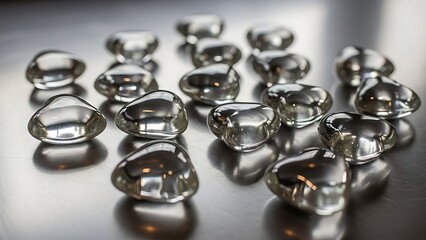 A collection of transparent heart shaped glass pebbles scattered on a reflective surface