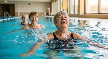 Senior women enjoying water aerobics in indoor pool with friends