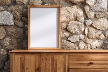 Vertical wooden picture frame displays blank white surface above rustic wooden furniture against a stone wall backdrop
