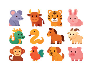 Obraz premium Colorful Zodiac Icons. Chinese zodiac. Colorful flat vector icons set of Chinese zodiac: rat symbol, ox symbol, tiger symbol, rabbit symbol, dragon symbol,