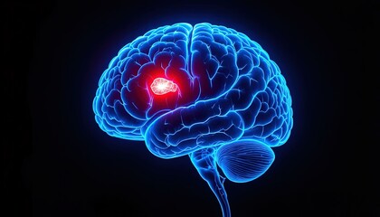 Glowing blue brain with red tumor on black background
