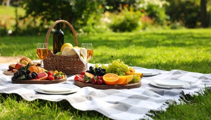 Sunny Summer Picnic Spread With Appetizing Food and Drinks on a Blanket Outdoors on Green Grass