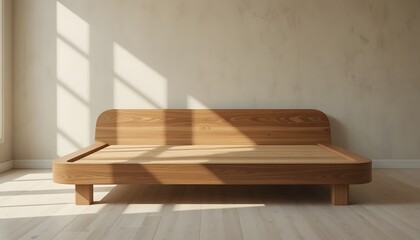 Modern wooden bed frame in minimalist room with natural light