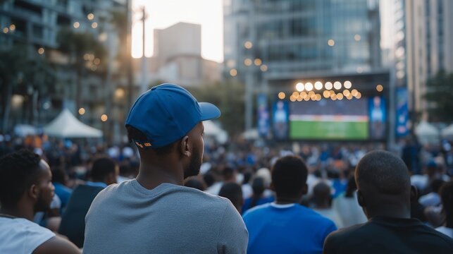 Large city fan zone with massive crowd watching international match, urban backdrop highlighting scale, shared anticipation, and public sports culture. cinematic color correction, natural uneven