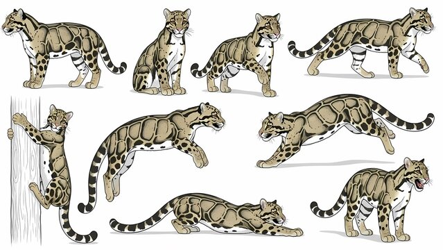 A diverse collection of nine vector illustrations showcasing various poses and dynamic actions of a Clouded Leopard against a clean white background.