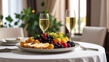 Elegant Table Setting with Champagne and Fresh Fruit Platter in Soft Natural Light