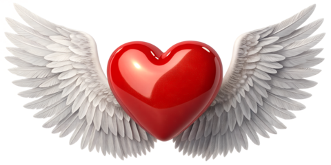 Red heart with wings isolated on transparent background