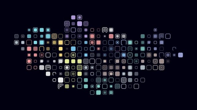 Mongolia animated country shape. Pulsating colored dots on the map of the country. Large size rounded square blocks. Digital style Mongolia map on dark background. Simple animation video.
