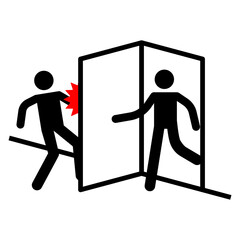 Beware of opening door icon. Workplace safety sign showing person behind door.