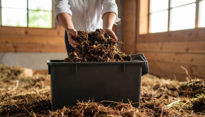 Person In White Shirt And Blue Jeans Pouring Animal Feed Into Black Plastic Trough In Barn With Wood Walls And Hay On Floor