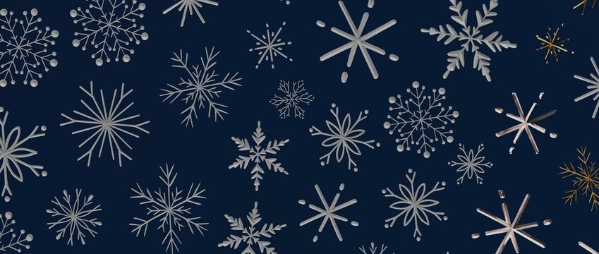 Stylish, seamless winter snowflake pattern in silver and gold on dark blue background. Perfect for holiday des - Powered by Adobe