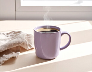 Purple coffee mug with steam and linen napkin