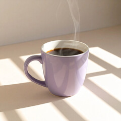 Purple coffee cup with steam and window pane shadows