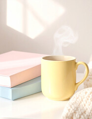 Yellow mug of coffee with pastel books and knit blanket