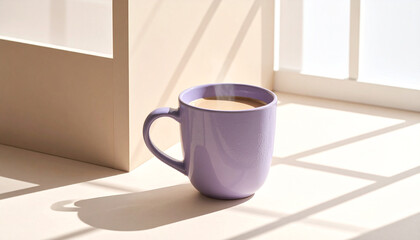 Purple coffee cup with milk on sunlit windowsill