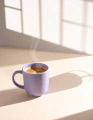 Steaming purple mug on beige background with shadows