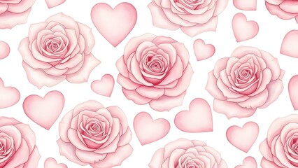 A seamless pattern of delicate pink roses and charming heart shapes
