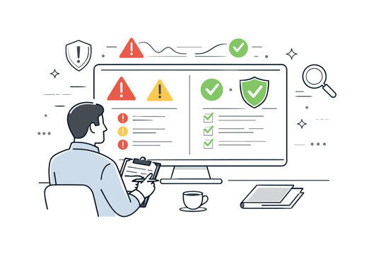 Risk Dashboard Monitoring. Risk management and compliance. A manager monitoring warning symbols and approval marks on a dashboard. Prevention, awareness, and