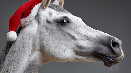 A Grey Arabian Horse Wearing a Festive Santa Hat Celebrating the Joyous Winter Season Cheerfully