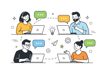 Collaborative Digital Workspace. Remote collaboration between professionals. Team members connected through laptops and dialog bubbles. Trustful communication,