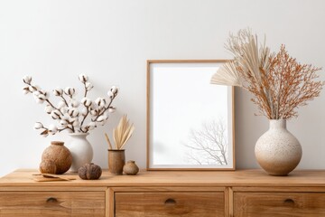 Minimalist home decor arrangement featuring natural textures and empty frame for display