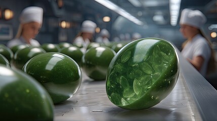 Chocolate balls roll on a conveyor belt while workers in white coats process them for packaging in a factory setting during the day