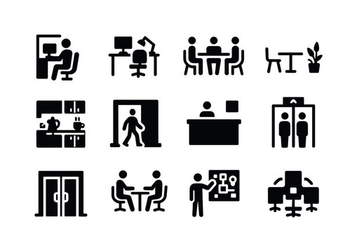 Workday Icon Set. Workday environments. Solid icon set of workday environments: cubicle icon, open office desk, meeting room icon, break area, kitchen counter,