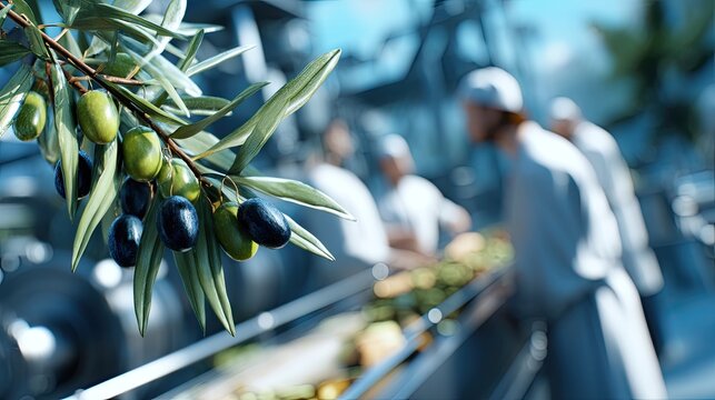 Workers sort green and black olives on a conveyor belt in a factory setting. The olives move through the production line for processing - Powered by Adobe