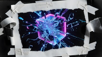 Vibrant glowing blue and purple cube shattering into fragments, framed by torn paper and tape on black