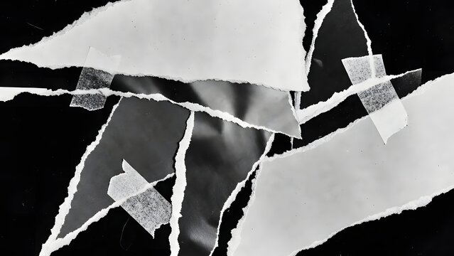 Messy arrangement of large ripped paper pieces and masking tape