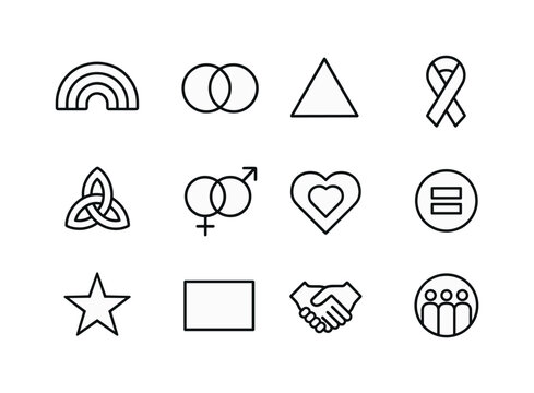 LGBTQ+ Icon Grid. LGBTQ+ symbols. Line icon set of LGBTQ+ symbols: rainbow arc, interlocked circles, triangle symbol, ally ribbon, unity knot, double gender