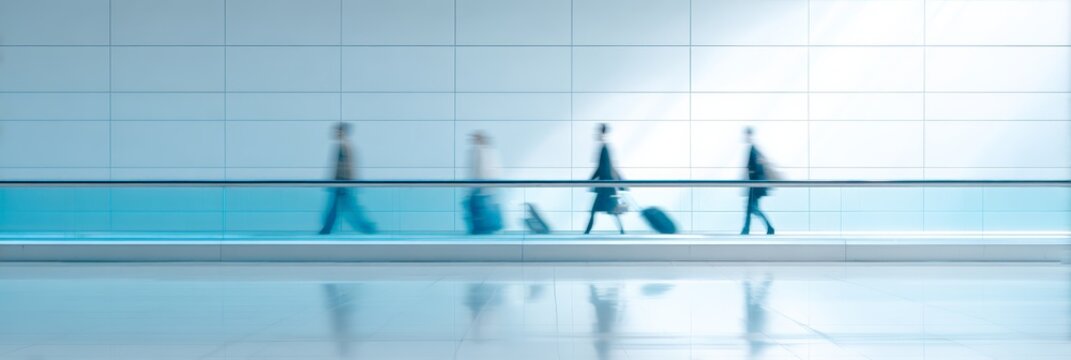 Travelers with rolling luggage on a long illuminated moving walkway, motion blurred commuters in a modern airport terminal conveying speed, anonymity and onward journey - Powered by Adobe