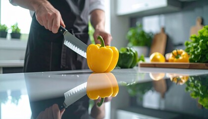 Man Wearing Black Apron Slicing Yellow Bell Pepper on White Countertop Kitchen With Green Plants and Lettuce In Background Soft Natural Lighting