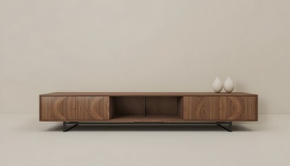 Modern wooden TV stand with two white vases on top in minimalist room