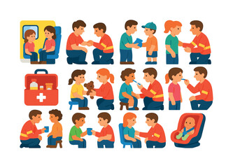 Paramedics Aid Children Icons. Paramedics supporting children. Colorful flat vector icons set of paramedics supporting children: child sitting in ambulance