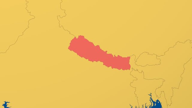 Nepal on Globe. Animated zoom into the country in Ocean Blue Golden Yellow color palette. Nepal logo animation. Map with meridians, parallels. Trending video.