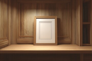 Blank wooden picture frame rests upon a polished shelf within elegant wood paneling