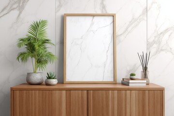 Blank wooden picture frame rests on a modern wooden cabinet against a white marble wall