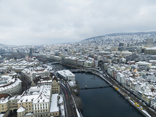 Aerial view of Swiss city of Z&uuml;rich on a snowy winter day with snow covered rooftops. Photo taken January 11th, 2026, Zurich, Switzerland.
