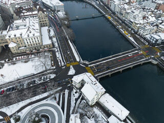 Aerial view of Swiss city of Z&uuml;rich on a snowy winter day with snow covered rooftops. Photo taken January 11th, 2026, Zurich, Switzerland.