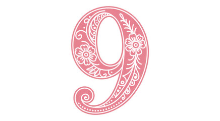 Fototapeta premium Pink floral number nine decoration ornate isolated on a transparent background