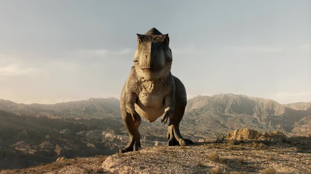 dinosaur in a desert landscape with mountains in the background