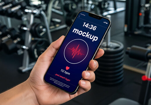 A man holding a smartphone in the gym - mockup