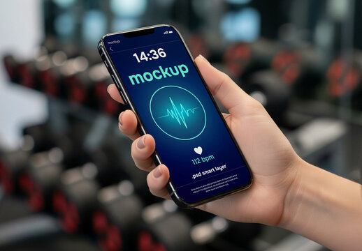 A woman holding a smartphone in the gym - mockup