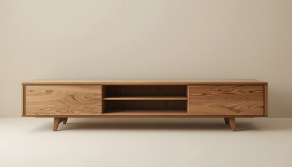 Modern wooden TV stand with drawers and shelves in minimalist beige room