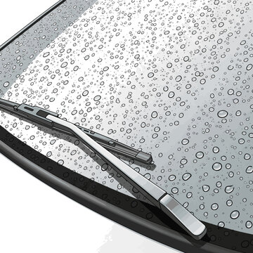 Create a realistic Car windshield with rain drops and frameless wiper blade closeup. 3d render vector art with white background.